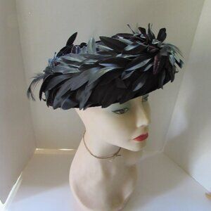 SALE Vintage Mid Century Black Hat Swirled Feathers Saucer Style